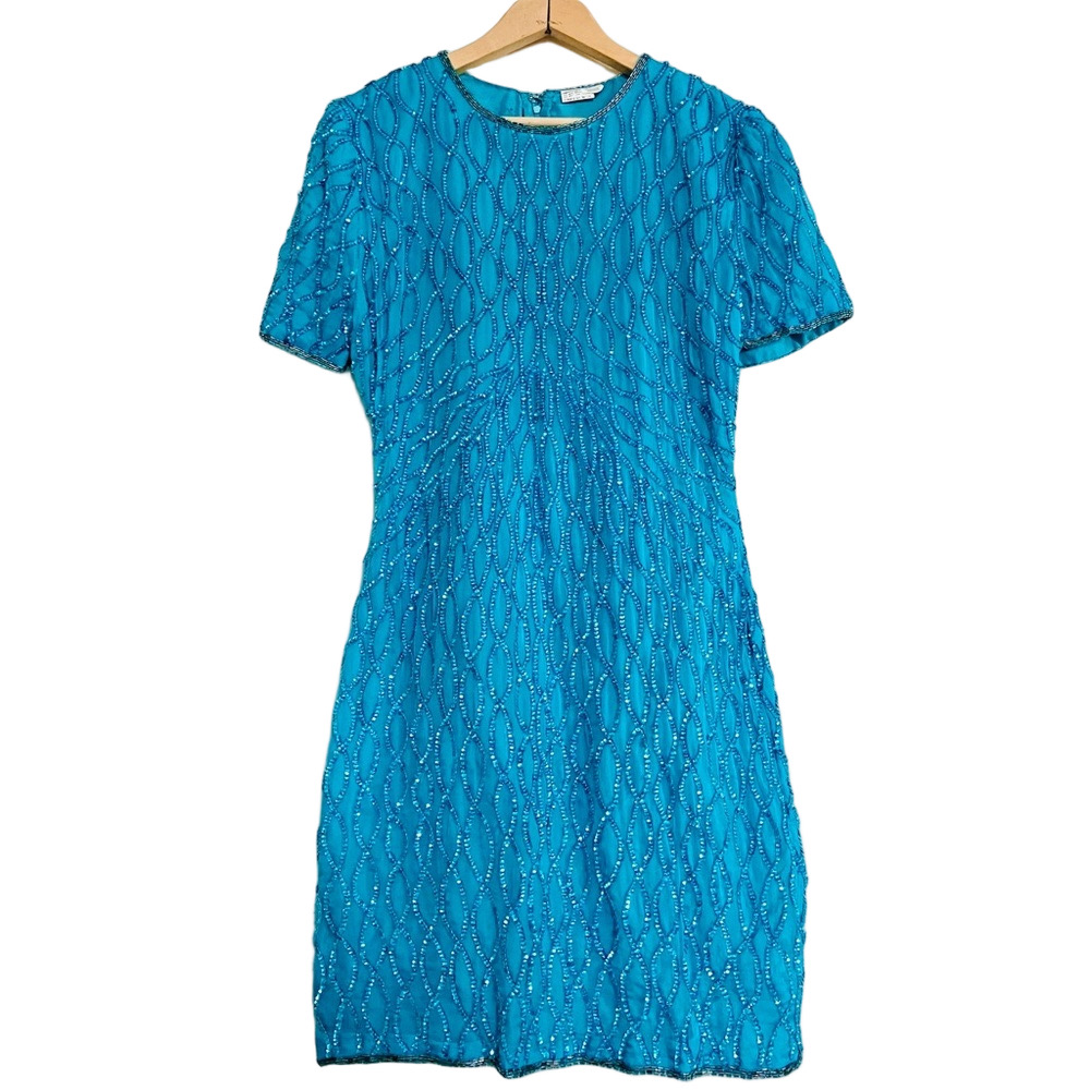 Vtg 80s/90s 🩵 Sparkly Turquoise 100% SILK Fully Sequined Cocktail Dress 👗SM